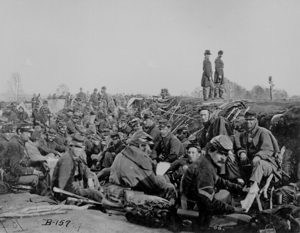 Soldiers in the trenches before battle, Petersburg, Va., 1865. (Though this is disputed. Could be Fredericksburg, Spring 1863.)