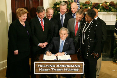 President Bush signs H.R. 3648, the Mortgage Forgiveness Debt Relief Act of 2007, during a ceremony in the Roosevelt Room.