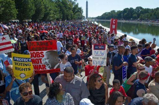 People arrive at the National Mall to celebrate the 50th anniversary of the March on Washington and Dr. Martin Luther King, Jr.'s 'I have a Dream' speech on the National Mall on August 24, 2013 in Washington, DC. A commemorative. Via NBC 11 Atlanta.