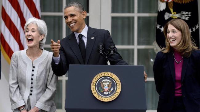 President Obama, with outgoing Health and Human Services Secretary Kathleen Sebelius, and his nominee to replace Sebelius, current Budget director Sylvia Mathews Burwell, in the Rose Garden Friday. (Photo/Susan Walsh)