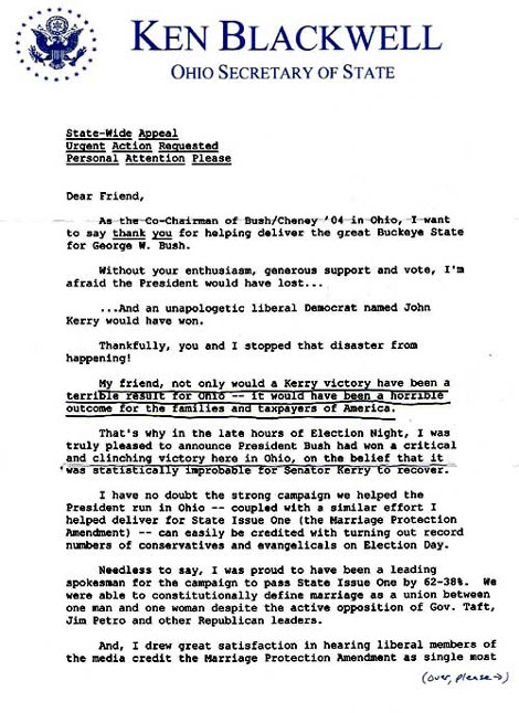Letter announcing Blackwell for Governor