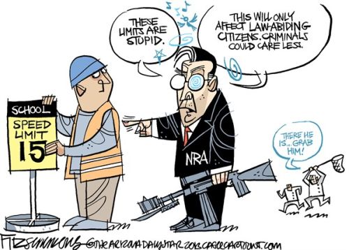 NRA to worker installing speed limit sign:  These limits are stupid.  This will only protect law-abiding citizens.  Criminals could care less.