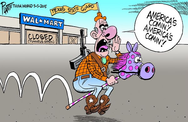 Texan riding hobby horse in front of closed Walmart:  