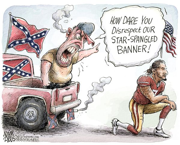 Man in pickup truck festooned with Confederate flags yelling at Colin Kaepernick, 
