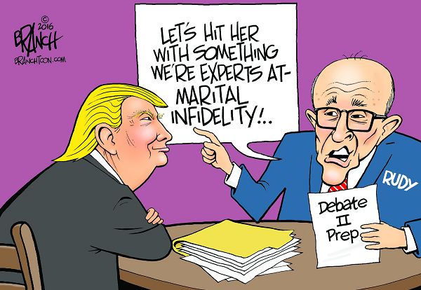 Rudy Guiliani coaching Donald Trump; for Debate II:  Let's go with something we are experts on.  Marital infidelity.
